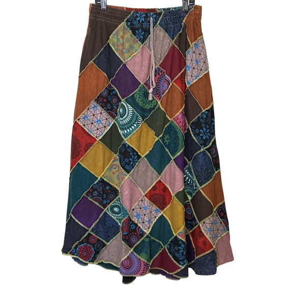 Dreamy Boho Cotton Patchwork Maxi Skirt with Pockets - OS - Red, Blue, Green - Picture 8 of 16